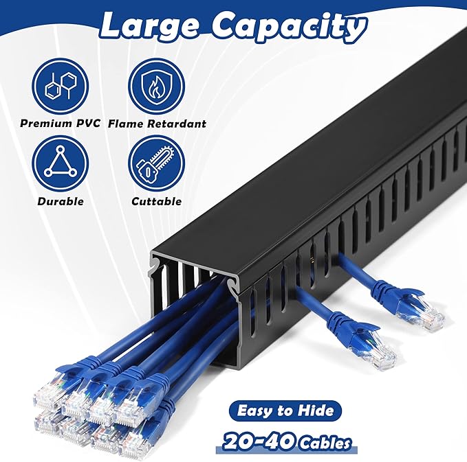 ZhiYo 2x2in Cable Raceway, Server Rack Cable Management Under Desk Cord Organizer, Electrical Safe PVC Cable Hider Open Slot Wire Raceway for Network/PC/TVs, Wire Duct Black