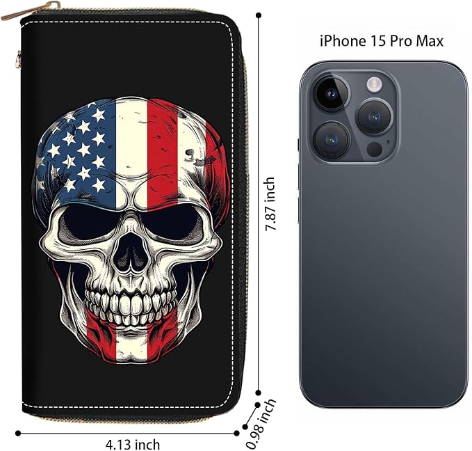 Women's Large Capacity Wallet PU Leather Zip Around Clutch Purse Multifunctional Wallet with Removable Wristlet Strap for Smart Phone/Coin/Card/Cash - American Flag Skull