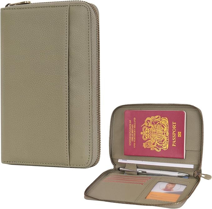 WASON Leather Zipper Travel Passport Wallet Holder RFID Blocking Cover, Passport case Pocket Slot for Card, Cash, ID, Boarding Pass and Ticket for Men, Women and Family Trips (Green)