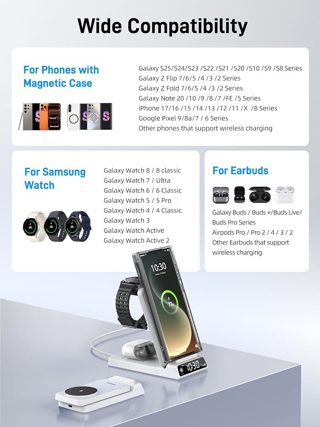 Magnetic Wireless Charger for Samsung, 3 in 1 Android Charging Station for Galaxy S26 Ultra/S25 Ultra/Z Fold/Flip, Galaxy Watch 8/8 Classic/Ultra, Buds 4, Nightstand Bedside Stand (with Adapter)