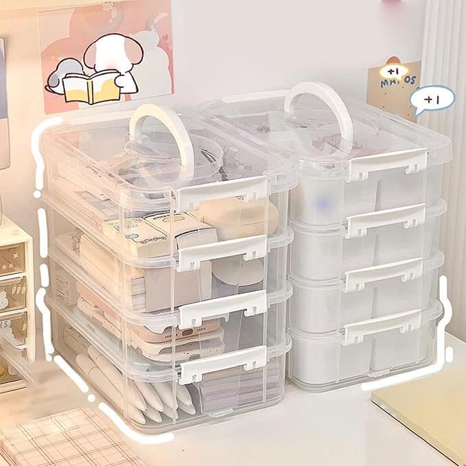 4-Tiers Plastic Storage Box, Stackable Storage Bins With Lids, Handle, Clear File Box Plastic, Parts Tools Sorting Plastic File Storages Boxs For Craft Art School & Office Supplies