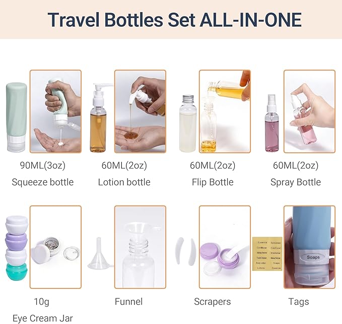 16 Pack Travel Bottles for Toiletries, TSA Approved 3oz Leak Proof Refillable Silicone Squeezable Containers Kit for Shampoo Lotion Conditioner with Toiletry Bag