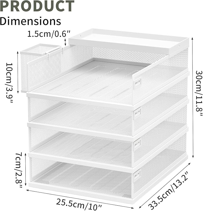 FANXIYQ Stackable Letter Trays, 4 Tier Metal Paper Tray & Desk Organizer, Stackable File Trays for Office & Home, Multi-Functional Document Tray with Fine Grid Design & Magnetic Labels,White