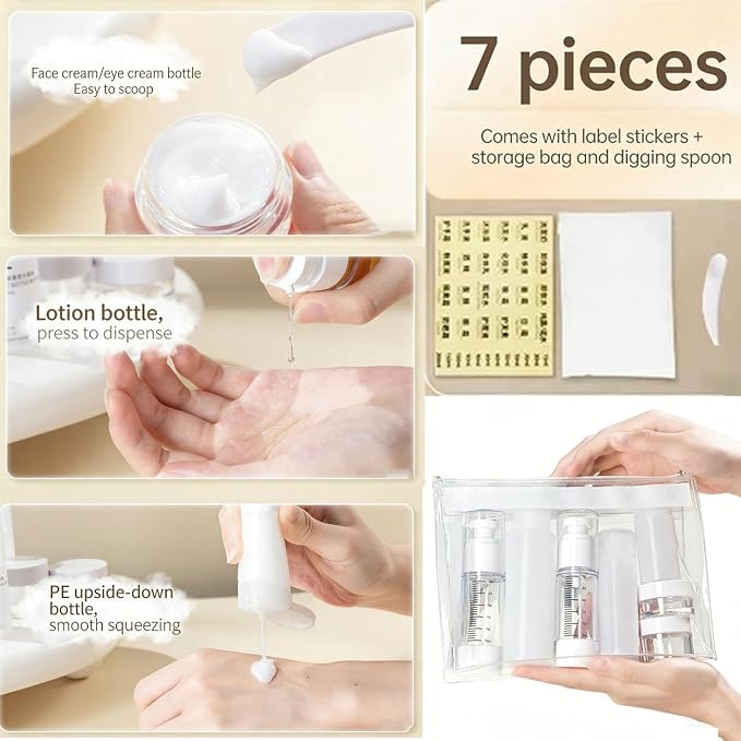 7 PCS Travel Size Bottles for Toiletries， Travel Bottles Set,Leak Proof Toiletry Containers with Graduated Vacuum Atomizer for Shampoo Lotion and Cosmetics