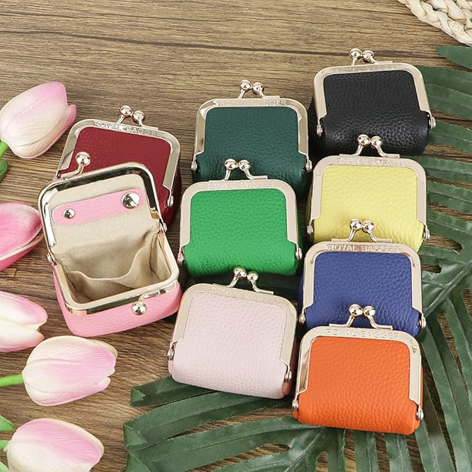 Royal Bagger Genuine Cow Leather Mini Jewelry Box Women's Coin Purse Solid Color Kiss Lock Change Pouch Casual Style Small Storage Bag for Women 1894 (Orange)