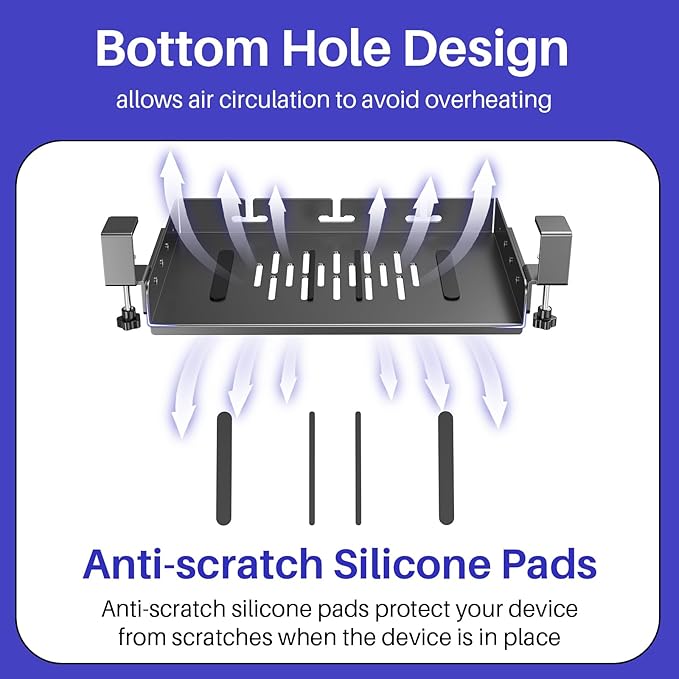 No Drill Under Desk Laptop Mount, Metal Under Desk Storage Shelf with Cable Management, Laptop Storage Tray for MacBook, Keyboard, Mac Mini, Anti-Scratch Silicone, Fits Office, Gaming, Workstations