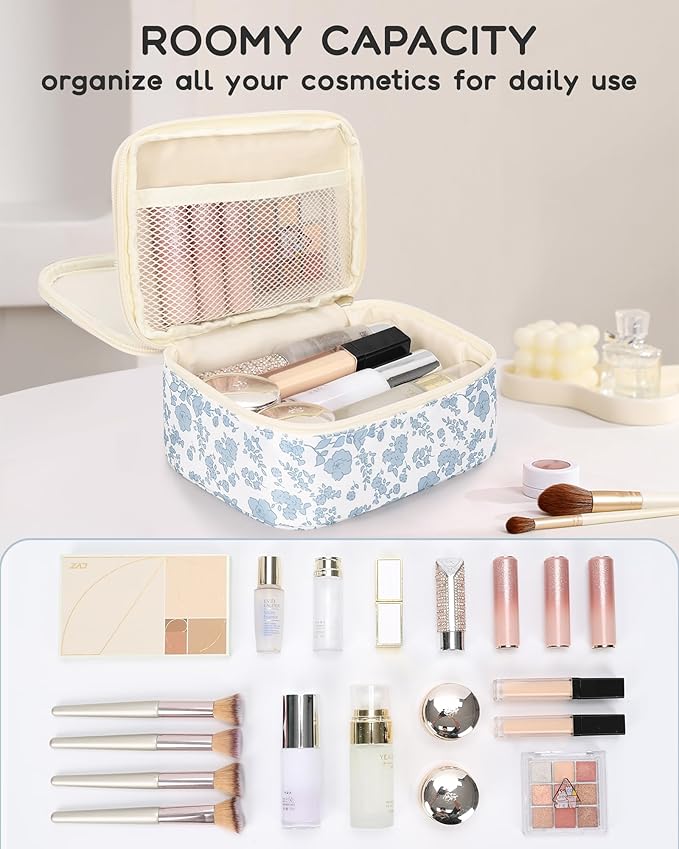 Relavel Travel Makeup Bag, Mini Floral Cosmetic Bag with 2 Makeup Brush Holders, Portable Makeup Pouch for Women, Cute Toiletry Bag with Double Layer Organizer, Blue Flower-Smaller