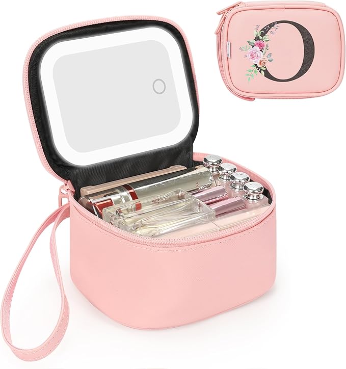 Relavel Mini Makeup Bag with Led Mirror, Initial Makeup Bag for Women, Personalized Make Up Pouch with Adjustable Brightness, Preppy Travel Toiletry Bag for Camping - Pink O