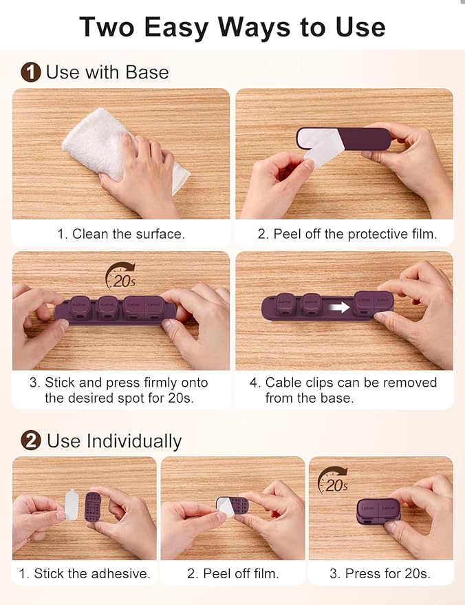 6 Pack Magnetic Cable Clips [1s Open/Lock], Laitver Cord Organizer Holder Strong Adhesive Desk Cable Management- Organize Charging Cords Neatly for Home, Office, Car,Desk, Nightstand-Dark Purple