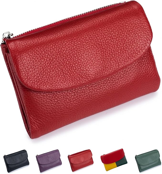 Nsciyise Premium Leather Wallet for Women, Red | Multi-Slot Card Holder, RFID Blocking Protection, ID Window, Zipper Coin Purse, Trifold Genuine Cowhide