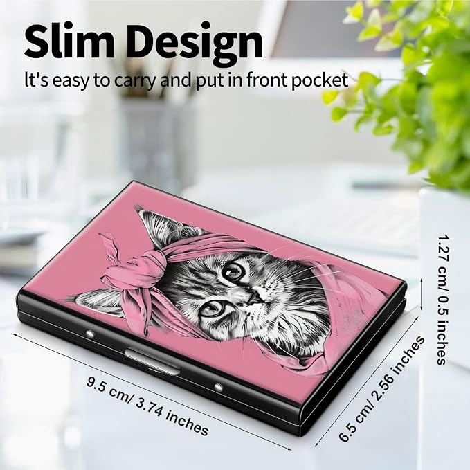 Metal Wallet, Credit Card Holder for Women Men Girls, RFID Blocking Aluminum Wallet Slim Hard Case, Mini Travel Wallet, ID Card Holder Business Card Case,Cat Pink