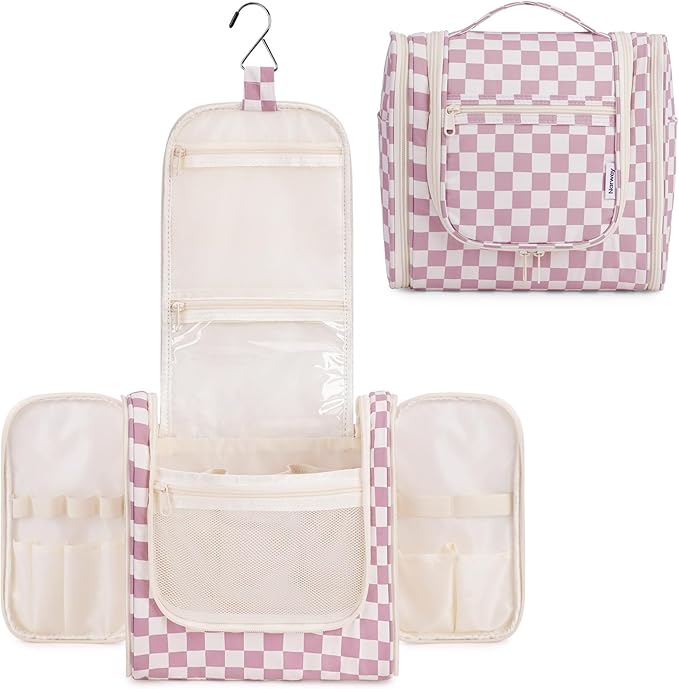 Narwey Checkered Hanging Travel Toiletry Bag for Women, Travel Bag for Toiletries, Makeup Bag Organizer Cosmetic Bags Make Up Bags for Women (Dusty Rose Checkerboard)