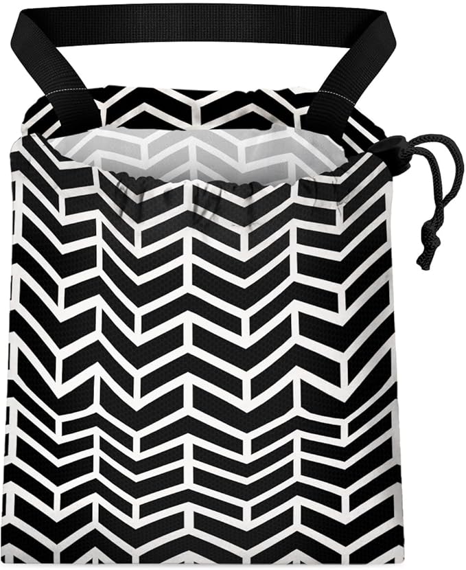 Car Trash Bag Hanging Back of Seat Waterproof Small Cute Printed One-Handed Strap Drawstring Garbage Bags for Car-Black White