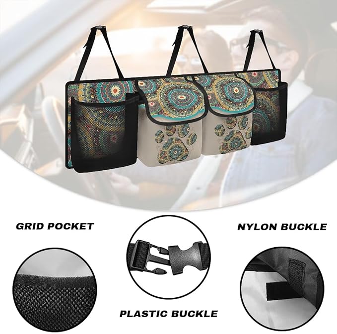 Aztec Tribe Dog Paw Car Trunk Organizer, 4 Compartments, SUV, Sedan, Van, Truck, Earth Tones