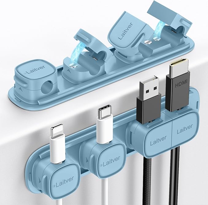 6 Pack Magnetic Cable Clips [1s Open/Lock], Laitver Cord Organizer Holder Strong Adhesive Desk Cable Management- Organize Charging Cords Neatly for Home, Office, Car,Desk, Nightstand-Peak Blue