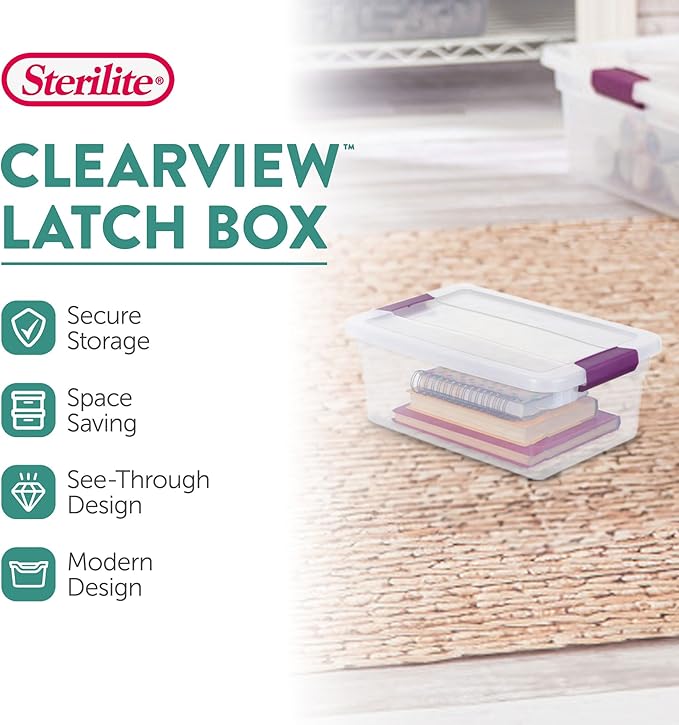 Sterilite 6 Qt ClearView Latch Storage Box Stackable Bin with Latching Lid, Plastic Container to Organize Shoes in Closet, Clear (24 Pack)