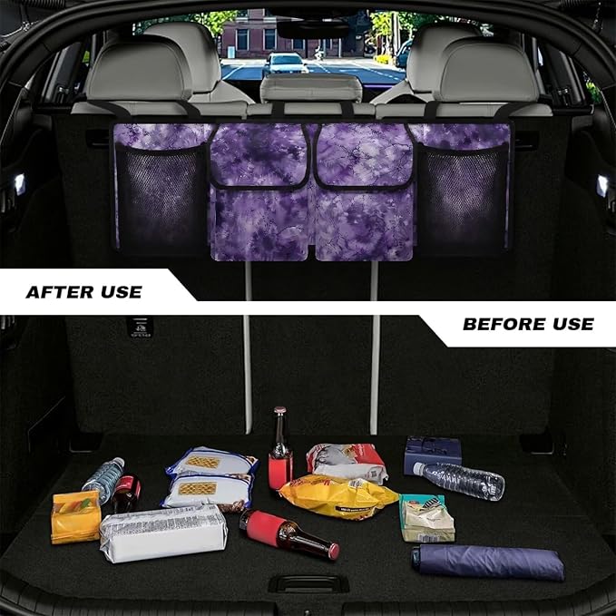 Purple Tie Dye Car Trunk Organizer Backseat Cargo Storage Bag with Elastic Net Collapsible Pouch SUV, Truck, MPV Car Accessories