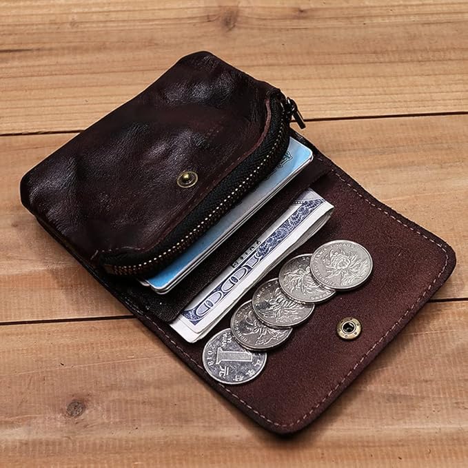 1 Pcs Leather Zipper Coin Purse Wallet With Card Slots,Snap Leather Coin Pouch, Coin Organizer, Change Holder,Card Case, Leather Zipper Storage Bag for Men & Women