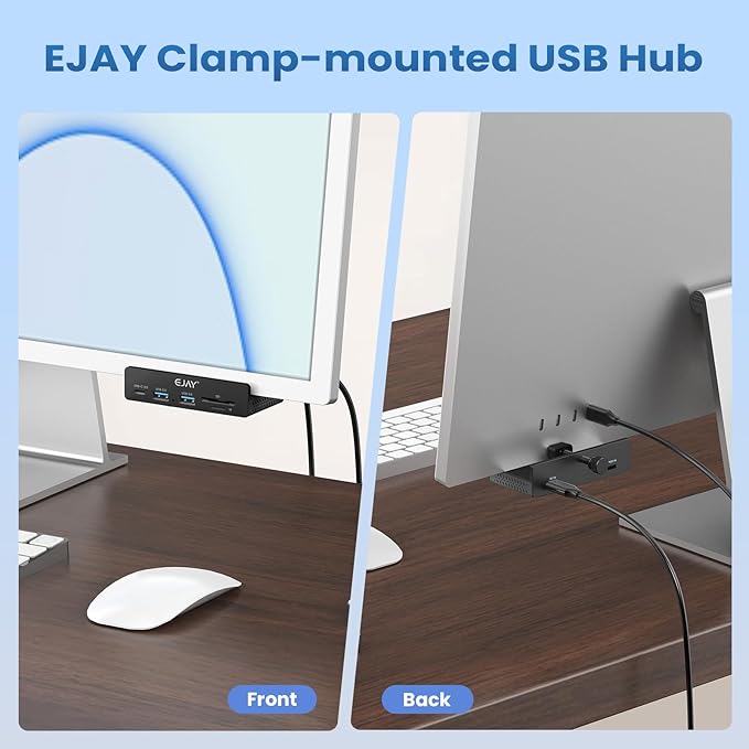 EJAY Aluminum Clamp USB 3.0 Hub, 5-in-1 Desk Mount Docking Station with SD/TF Card Reader, 5Gbps USB Port Expander with 59" Long Cable for MacBook, iMac, Laptop, PC, Studio, Black