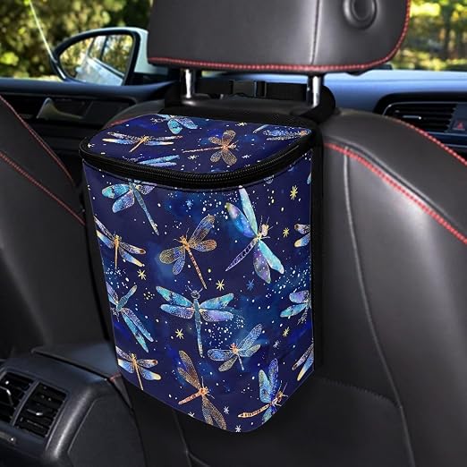 Car Trash Bin Collapsible Car Organizers and Storage for Front Seat Multipurpose Trash Bag Automotive Garbage Can Car Accessories Interior Car Organizer, Dragonfly Pattern