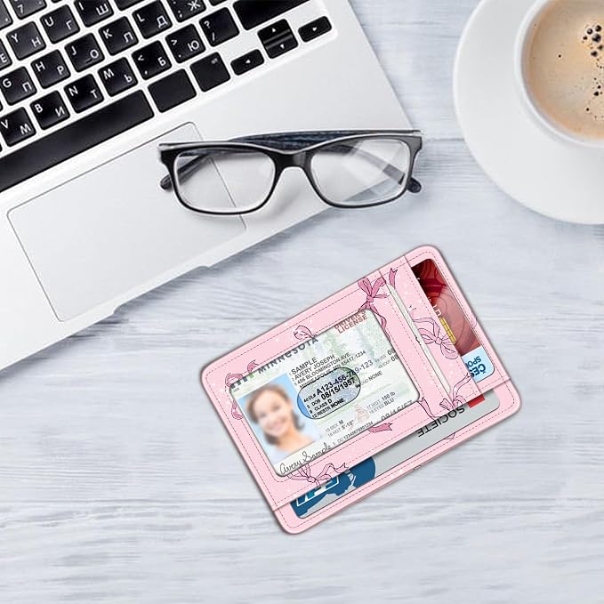 FINTIE Slim Minimalist Front Pocket Wallet, RFID Blocking Credit Card Holder Card Cases with ID Window for Men Women (Pink Bow)