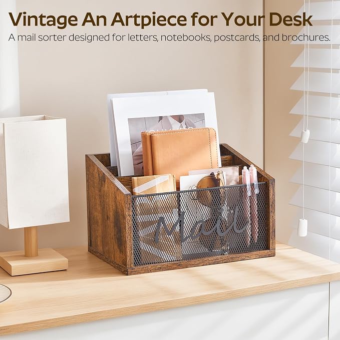 YATINEY Mail Organizer Countertop, Mail Holder with 4 Slots, Mail Sorter for Desk, Wooden Office Desk Organizer, Mail Organizer for Magazines, Files, Papers, Folders, Rustic Brown and Black MR04BR