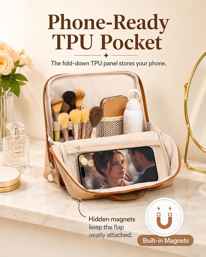 Large Travel Makeup Bag for Women, Large Makeup Bag Organizer with Brush Compartment, Upright Cosmetic Bag and Toiletry Bag, Wipe-Clean PU Makeup Pouch, Brown