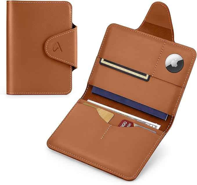 ALLIVE RFID Blocking Passport Holder for Travel Essentials, Genuine Leather Passport Wallet with Built-in AirTag Slot, Magnetic Closure Passport Cover Case for Women and Men, Travel Gifts (Caramel)