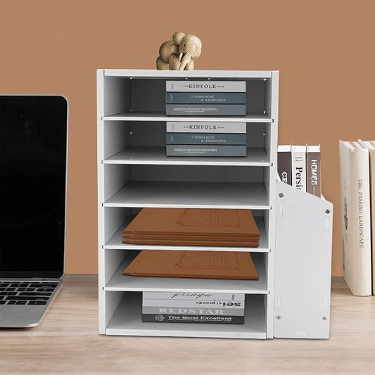 6-Tier File Organizer, 6 Slot Thick Board Desktop Mail Sorter w/Side Storage Cabinet, Adjustable Shelves File Sorter, Paper Organizer for Home School Office (White, 6 Slot)