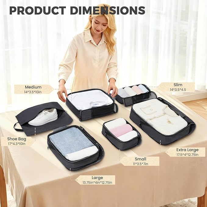 BAGAIL 6 Set Lightweight Compression Packing Cubes with Packing List, Anti-Tearing Expandable Organizer Bags for Travel, Dark Grey