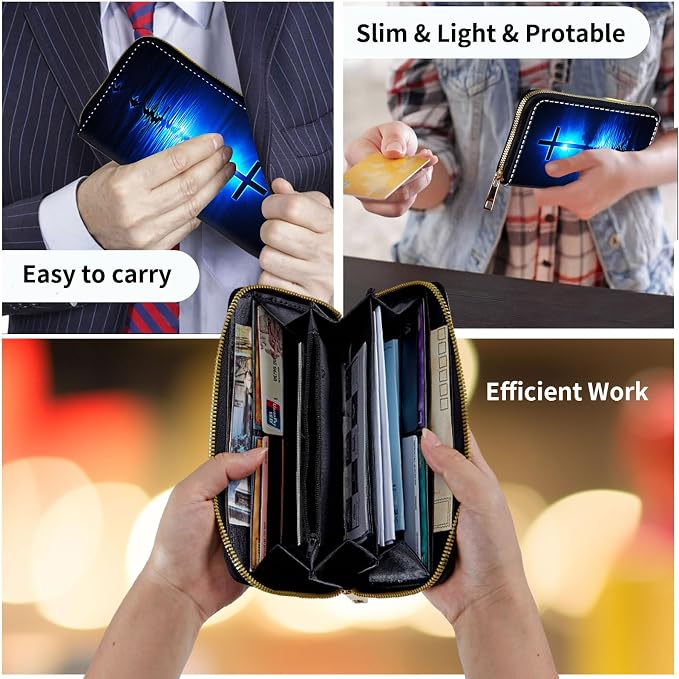 Wallet,Leather Long Wallet Suitable For Ladies And Teenagers - Detachable Wristband + RFID Travel Wallet With Card Slot - Blue Water Cross