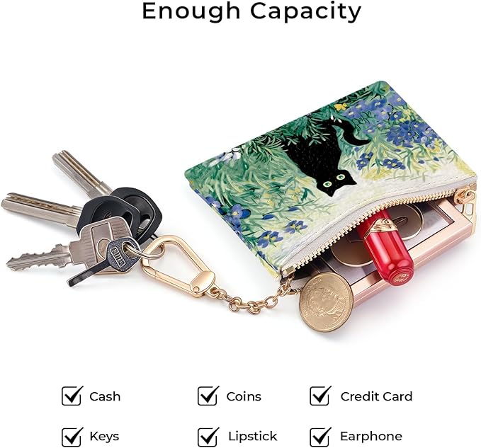 Black Cat Art Painting Keychain Coin Purse for Women, Small PU Leather Change Pouch, Zipper Little Tiny Travel Wallet for Girls, Cute Kawaii Zip Pocket Coin Holder with Key Ring