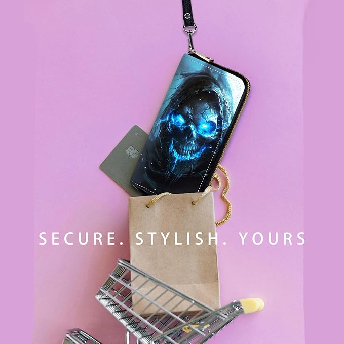 Zip Around Wallets for Women with Detachable Wrist Strap, Large Capacity RFID Blocking Leather Purse Organizer Card Holder Wristlet,Blue Glow Skull
