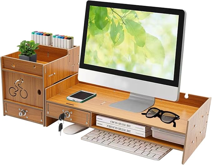 Desktop Monitor Stand, Computer Monitor Stand for Desk, Monitor Riser with Drawer, Desk Monitor Stand Underneath Storage for Office (Cherry Wood Color)