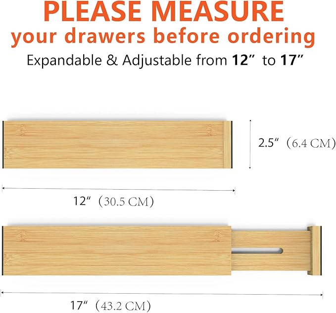 4 Pack Bamboo Drawer Dividers 2.6" High, Adjustable Length from 12 Inch to 17 Inch, Expandable Kitchen Drawer Organizer Separators for Clothes, Kitchen, Bedroom, Dresser, Office (Beige)