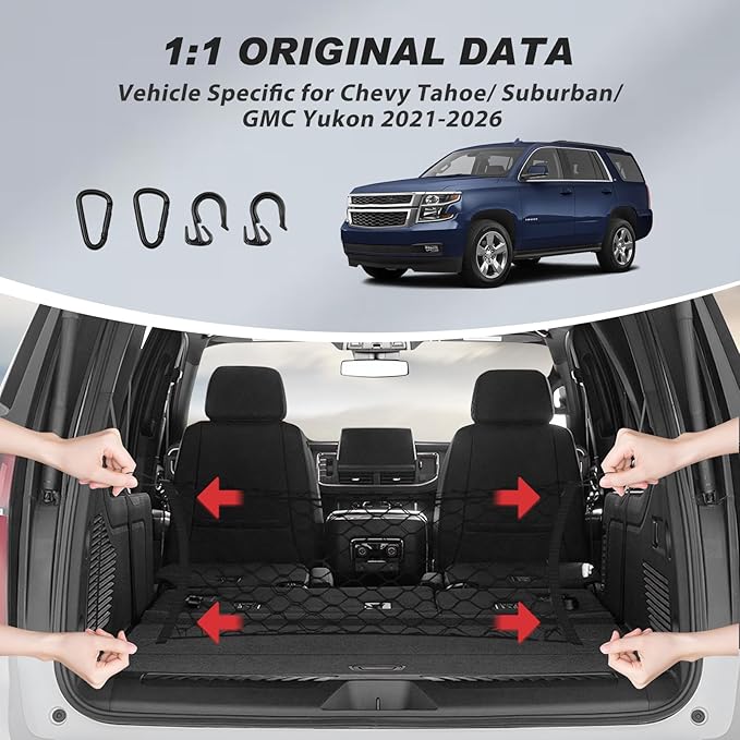 Karltys Envelope Style Cargo Net for 2021-2025 2026 Chevy Tahoe/Suburban/GMC Yukon Accessories, Adjustable Rear Trunk Cargo Net for Chevrolet Tahoe, Heavy Duty Elastic Netting Organizer for Yukon