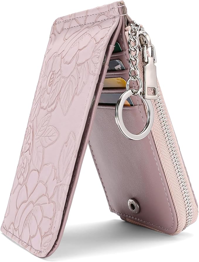 GAEKEAO Small Credit Card Holder Wallet for Women RFID Leather Slim Wristlet Keychain Wallets With Zipper Pocket