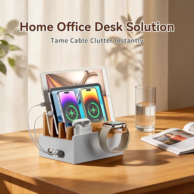 Pezin & Hulin Bamboo Charging Station for Multiple Devices with 5 Port USB Charger,5Cables,Smart Watch&Earbuds Stand, Desk Docking Stations Electronic Organizer for Cell Phone, Tablet (Natural+White)