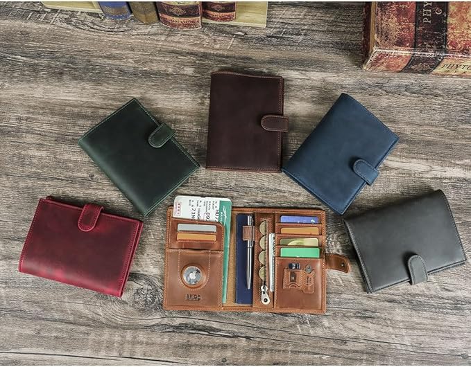 CONTACTS Full Grain Leather Passport Holder with Compatible with Airtag RFID Blocking Passport Wallet Travel Slim Passport Cover with SIM Card Removal Tool (Gray)