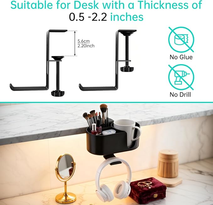 Desk Cup Holder 4 in 1 Detachable Clamp-on Under Desk Headphone Hanger for Expanding Office Pen Organizer Desktop Storage for Cup Phone Pen (Black)