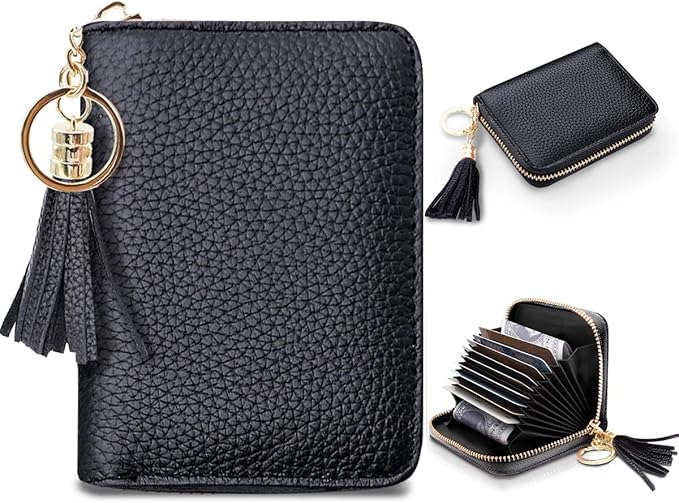 Coco Rossi Leather Credit Card Wallet for Women, RFID Blocking Zipper Cards Holder with Tassels-Black