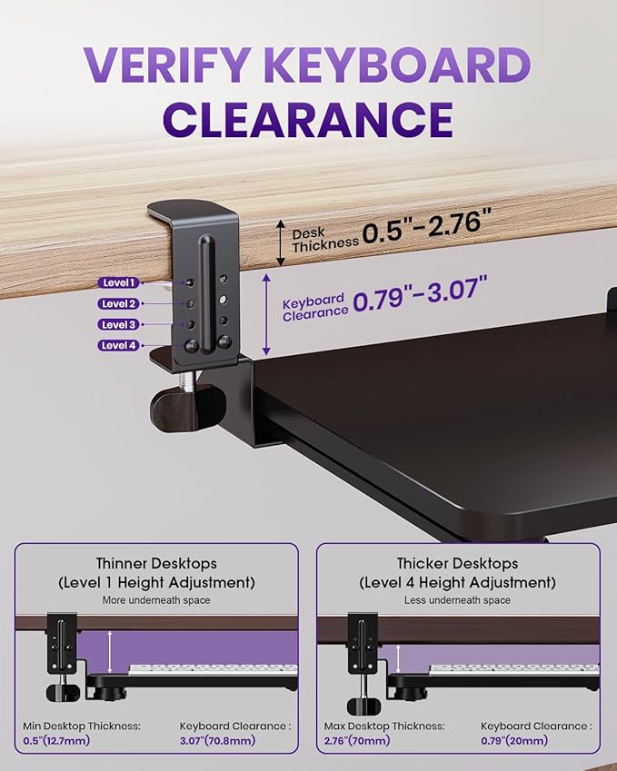 Ergonomic Mouse & Keyboard Tray Under Desk, Pull Out with Adjustable C-clamp, 20 (25.9 Including Clamps) x 11.8 Inch Slide Out Computer Keyboard Drawer Mouse Tray for Typing, Black