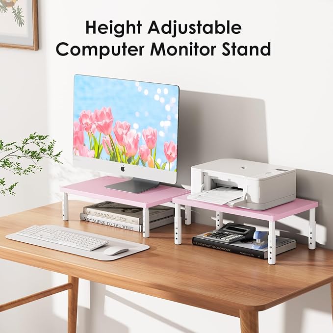 ECOLOVI 4-Height Adjustable Wood Computer Monitor Stand Riser, Desktop PC Printer Laptop Stand for Desk Organizer and Accessories, Office Desk Decor & Accessories for Women, Pink