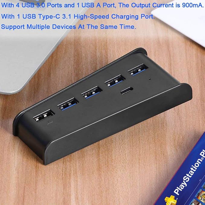 USB Port Hub for PS5, 5 Port USB Extender High-Speed Transmission Expansion Adapter Converter Splitter with 4 USB 2.0 Port+1 USB Charging Port+1 Type C 3.1 Port for PlayStation 5 Gaming Console-Black