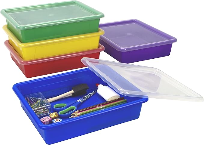 Storex Letter Size Flat Storage Tray – Organizer Bin with Non-Snap Lid for Classroom, Office and Home, Assorted Colors, 5-Pack (62534A05C)