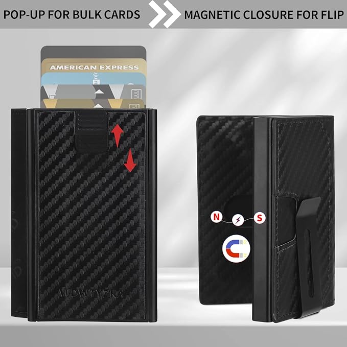 Mens slim Wallet，with RFID Shielding, Holds 9 Cards Easily, card wallet for Men, Minimalist Wallet For Men, Made of aluminum and Pu Synthetic Leather, Includes Cash clip (Carbon Black)