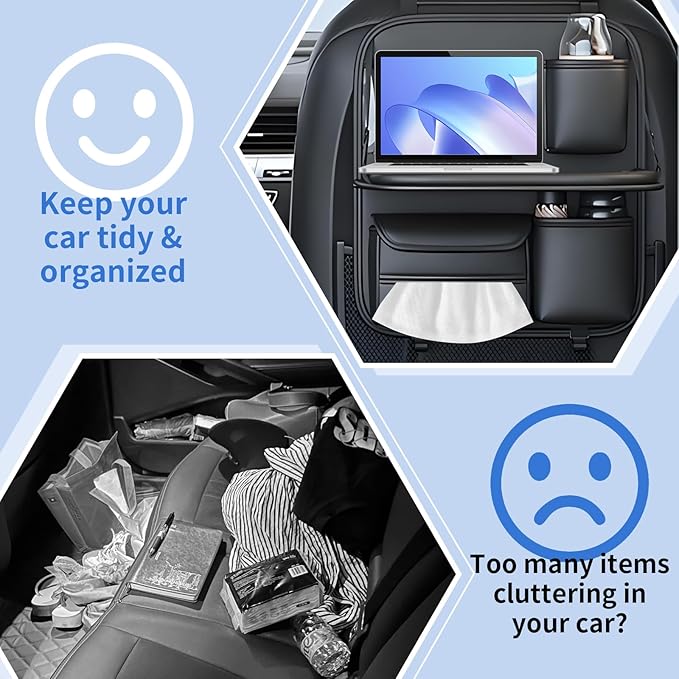 Car Seat Back Organizer with Foldable Tray, Car Seat Back Protector, Premium Leather Kick Mats, Multiple Storage Pockets, Travel Accessories for SUV Truck (Short)
