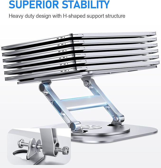 AOEVI Adjustable Laptop Stand with 360 Rotating Base, Stable Computer Stand for Laptop Ergonimic Foldable Laptop Riser for Desk Compatible with MacBook Pro/Air Notebook up to 16 Inches, Silver