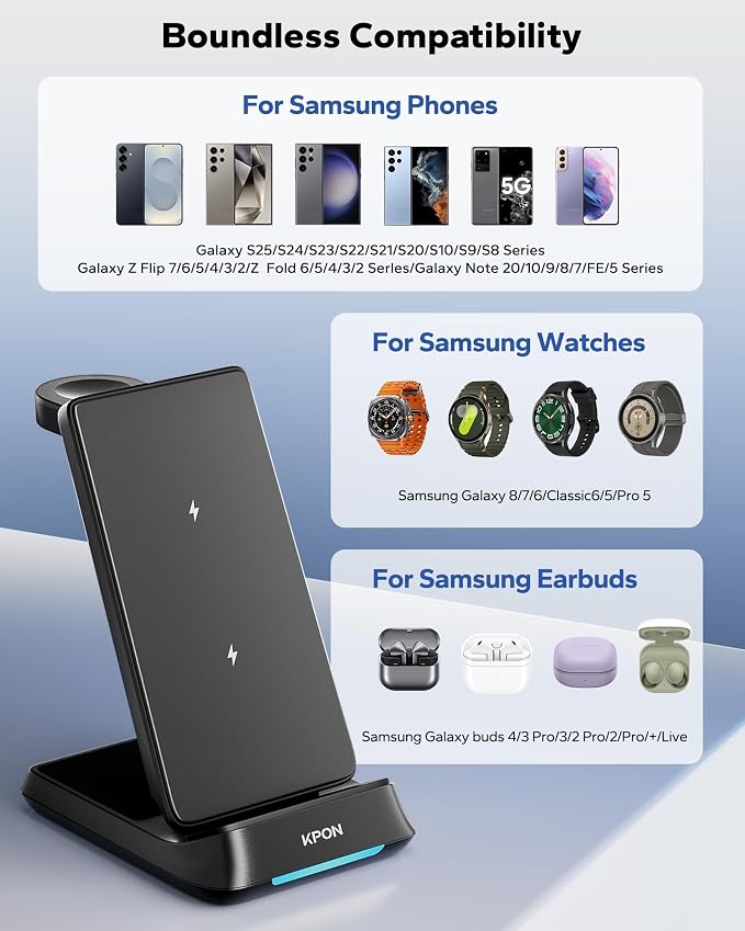 KPON 3 in 1 Charging Station for Samsung, Wireless Charger for Thick Cases, Foldable Phone and Watch Charger Stand for Galaxy S26/S25/S25 Ultra/S24/Z Fold/Android Devices, Galaxy Watch and Earbuds