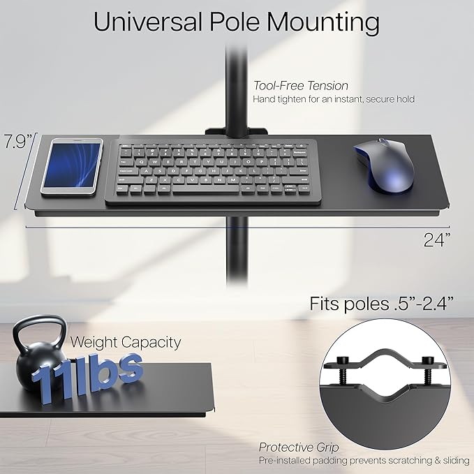 VIVO Universal Steel 24 x 8 inch Shelf Pole Mount for TV Cart, Attaches to 0.5” to 2.4” Poles, Speaker & Microphone Stands, Clamp-on Utility Storage Surface, Black, MOUNT-SF24P